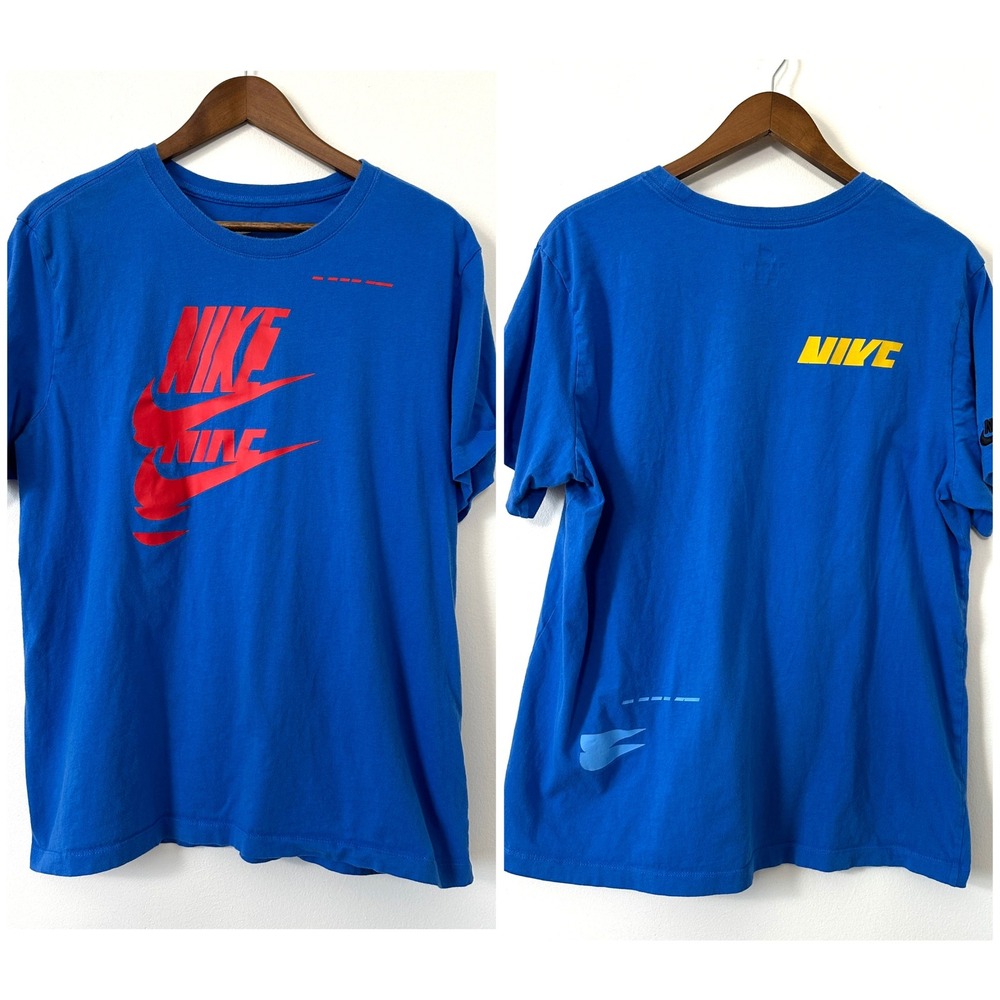 Nike Graphic Tee Shirt Sport Essentials Blue Red Yellow Swoosh Embroidered Large